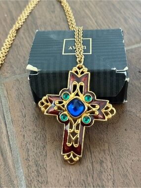 VINTAGE Avon Gold-Tone Cross Pendant Necklace with Blue and Green Stones
